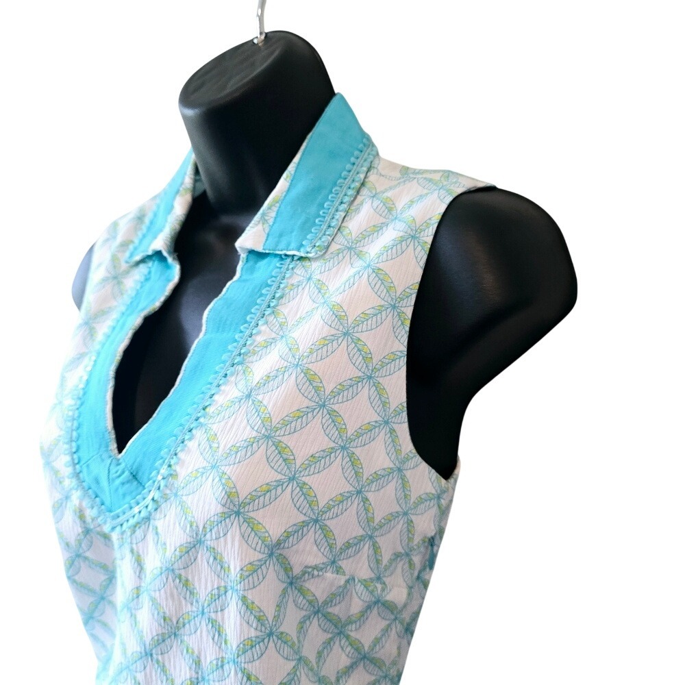 Turquoise Seersucker Geometric Print Sleeveless Shift Dress V-Neck Trim - Picture 3 of 9